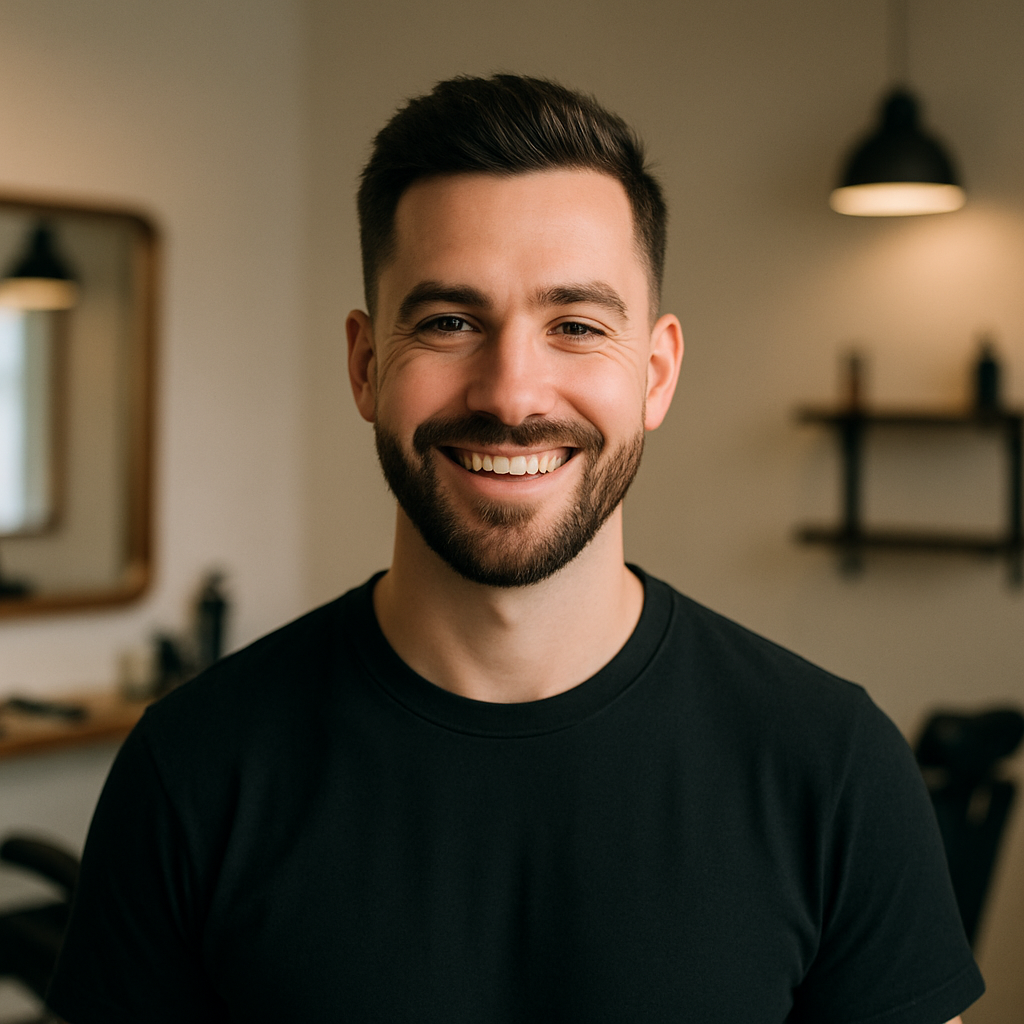 Confident male client smiling after grooming at Gentleman's Barber Shop