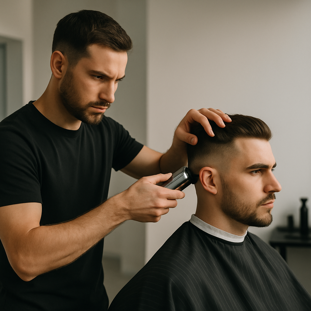 Barber expertly cutting a client's hair with precise fade technique